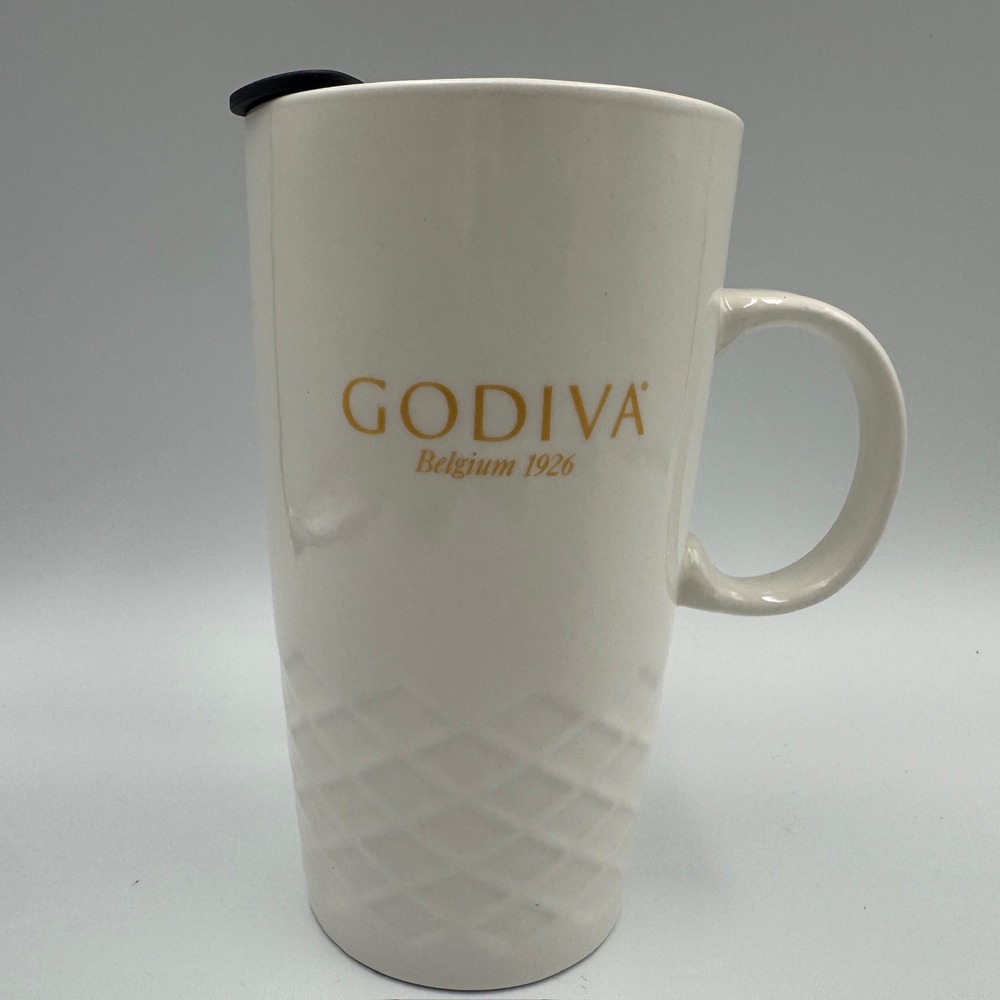 Godiva Belgium 1926 White Ceramic Travel Mug Gold Logo Textured Base Black Lid‎